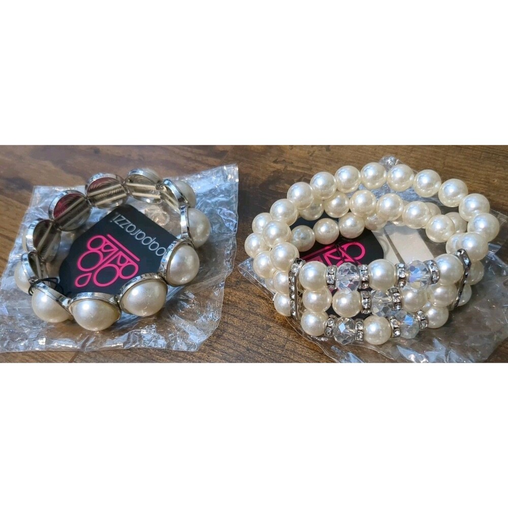 Paparazzi Jewelry Lot Of 2 Bracelets Stretch White Faux Pearl Bling Sparkle